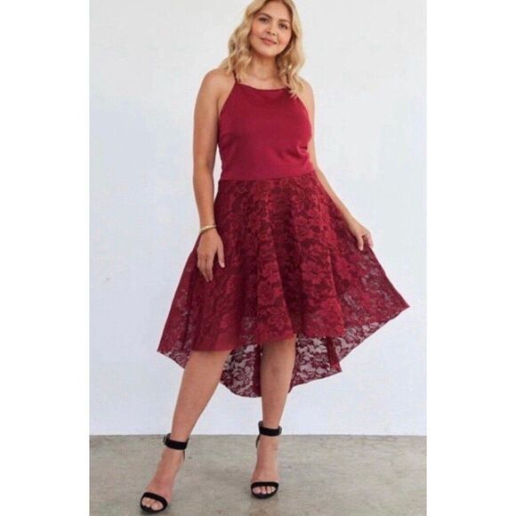 FTF NWT Plus Size 0X Red Dainty Elegant Lace High Low Cut Party Midi Dress - Picture 2 of 8